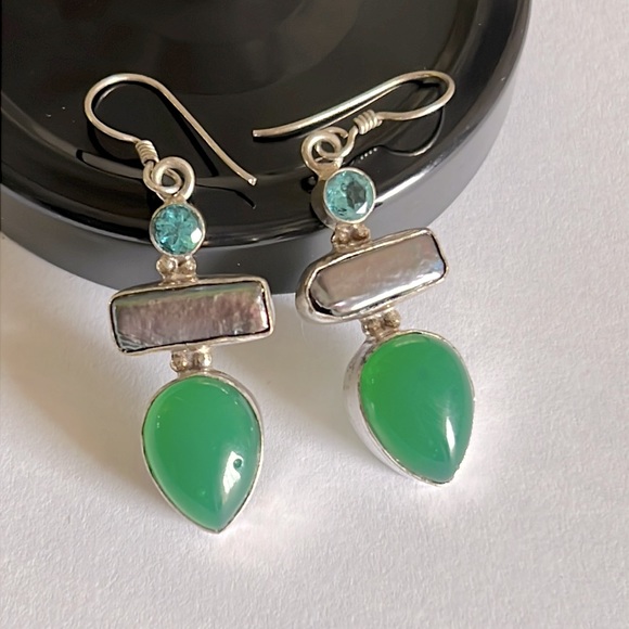 925. Sterling Silver Blue Topaz ,Green Jade and Mother of Pearl Earrings - Picture 2 of 5